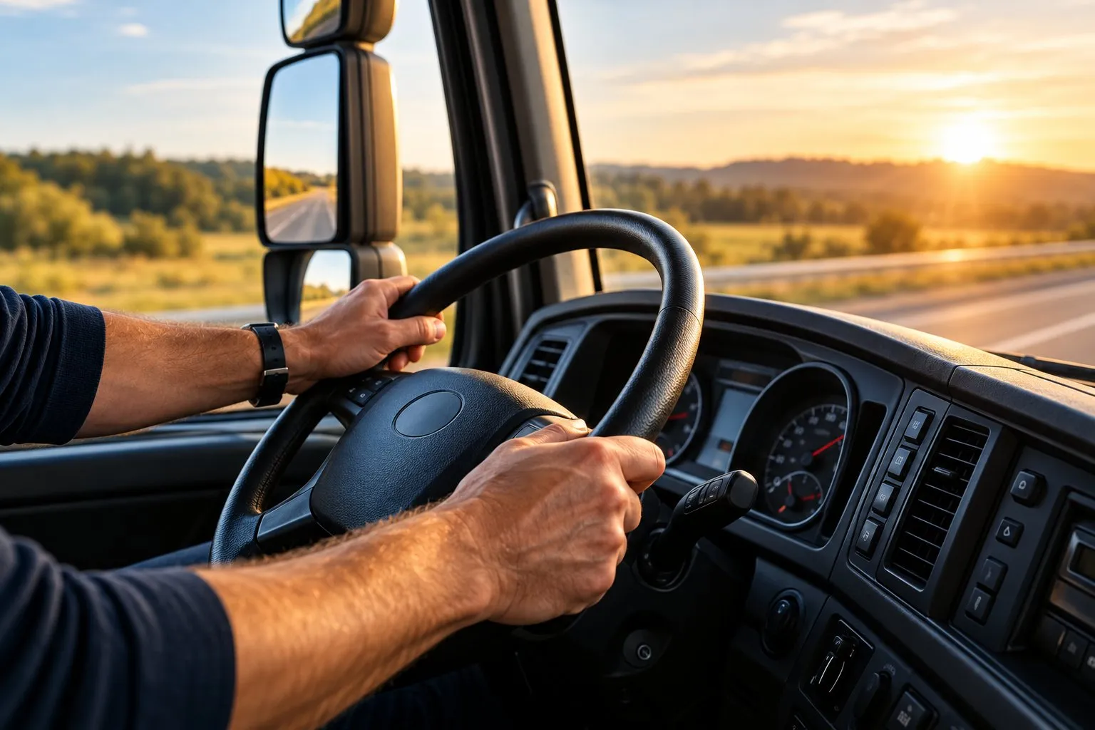 Las manos de un conductor sobre el volante de un camión, con la carretera al atardecer al otro lado del parabrisas.